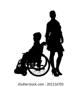 Vector silhouette of a family in a wheelchair.