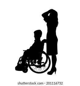 Vector silhouette of a family in a wheelchair.