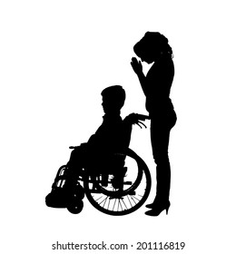 Vector silhouette of a family in a wheelchair.