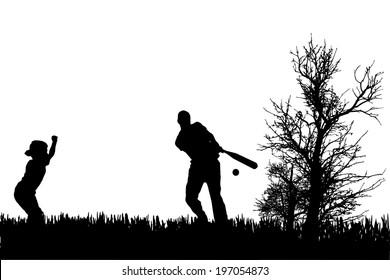 Vector Silhouette Of A Family Who Plays Baseball.