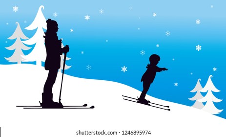 Vector silhouette of family who skiing in the mountains in winter.