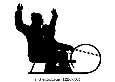 Vector silhouette of family who sledding on snow toboggan.