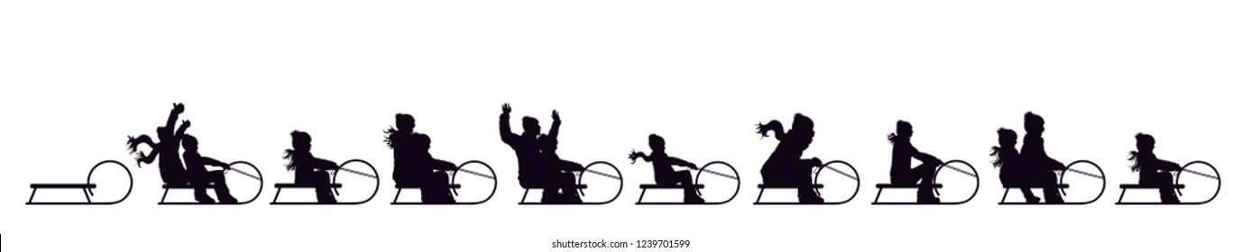 Vector Silhouette Of Family Who Sledding On Snow Toboggan.