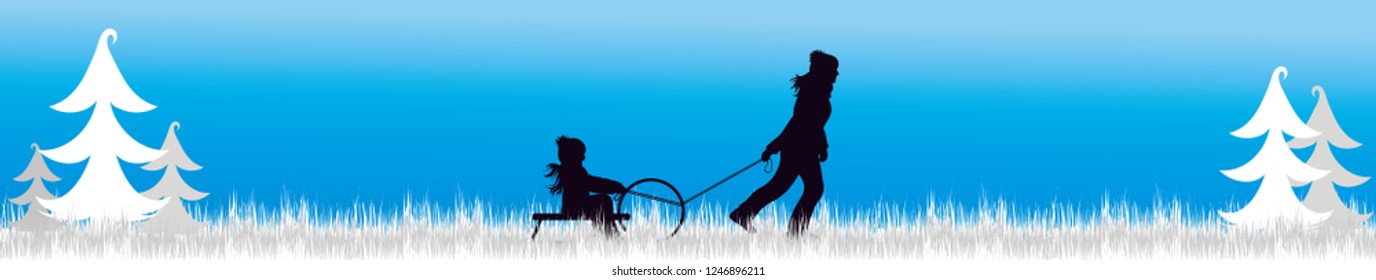 Vector silhouette of family who sledding on snow toboggan in winter on meadow.