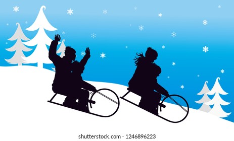 Vector silhouette of family who sledding on snow toboggan in the mountains in winter.