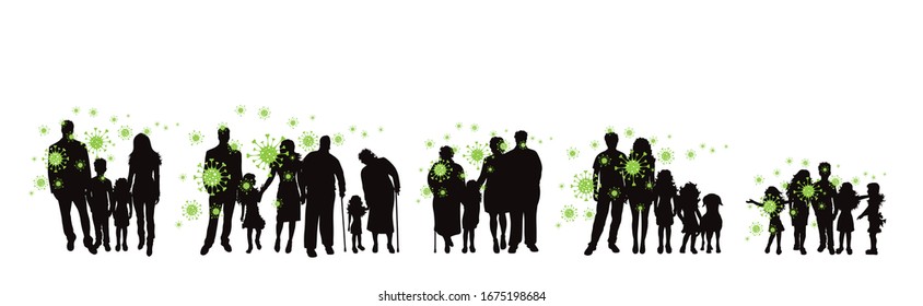 Vektorillustration Silhouette der Familie, die Bakterien auf weißem Hintergrund verbreitet. Symbol der Krankheit und des Coronavirus.