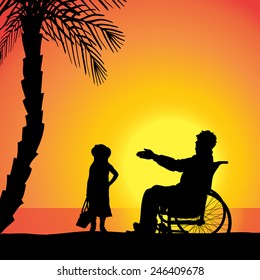 Vector silhouette of family who are in wheelchairs.