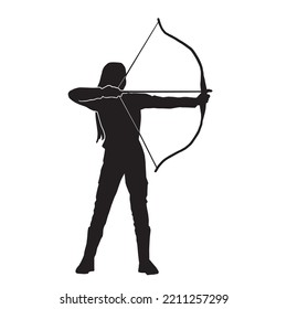 Vector Silhouette of a fantasy female warrior archer aiming at her target. equipped with a bow.