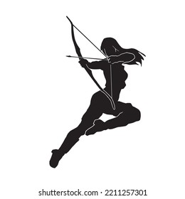 Vector Silhouette of a fantasy female warrior archer aiming at her target. equipped with a bow.