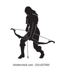 Vector Silhouette of a fantasy female warrior archer aiming at her target. equipped with a bow.