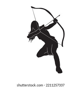 Vector Silhouette of a fantasy female warrior archer aiming at her target. equipped with a bow.