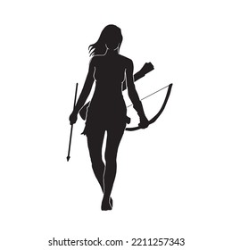 Vector Silhouette of a fantasy female warrior archer aiming at her target. equipped with a bow.