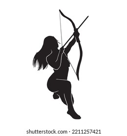 Vector Silhouette of a fantasy female warrior archer aiming at her target. equipped with a bow.