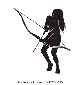 Vector Silhouette of a fantasy female warrior archer aiming at her target. equipped with a bow.