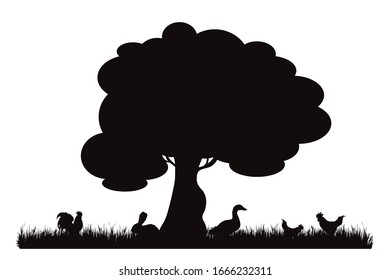 Vector silhouette of farm animals on garden on white background. Symbol of nature and agricultural.