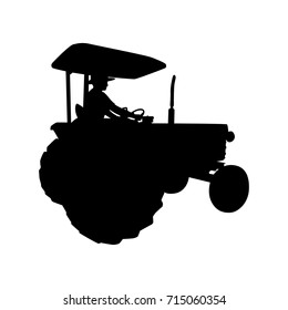 Vector silhouette of farmer on tractor. Isolated vector on white background.