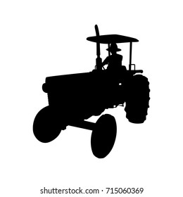 Vector silhouette of farmer on tractor. Isolated vector on white background.