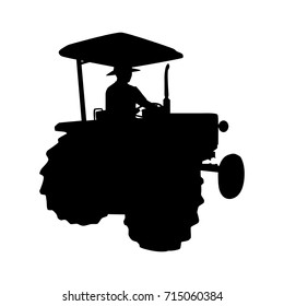 Vector silhouette of farmer on tractor. Isolated vector on white background.