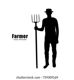 Vector Silhouette Of A Farmer With A Pitchfork.