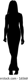 Vector silhouette of a fashionable woman in a long dress who is walking