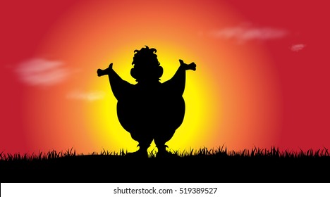 Vector silhouette of fat man at sunset.