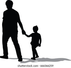 Vector silhouette of father and daughter holding hands on white background