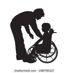 Vector silhouette of father helping his daughter which is on wheelchair on white background. Symbol of family,care, protect,disabled, handicap.