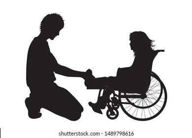 Vector silhouette of father helping his daughter which is on wheelchair on white background. Symbol of family,care, protect,disabled, handicap.