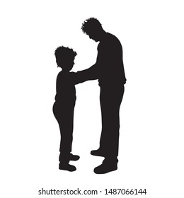 Vector silhouette of father with his son on white background. Symbol of family, child, sad, comfort, cry, obesity.