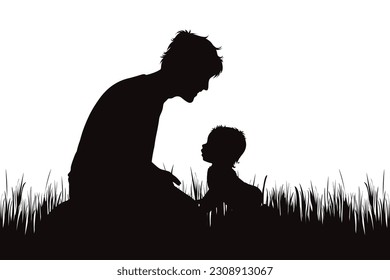 Vector silhouette of father with his son playing in garden. Symbol of family.