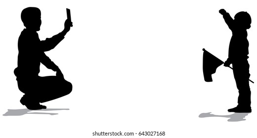 Vector silhouette of father taking photo to boy posing with smart phone camera 