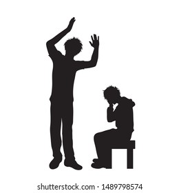 Vector silhouette of father who screaming on his son on white background, Symbol of angry, annoy, sad,problem.