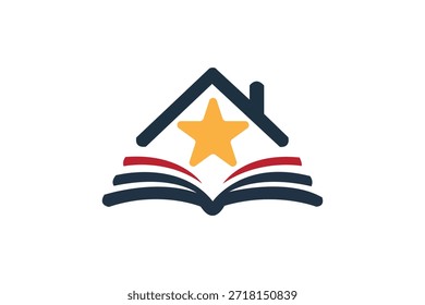 Una silueta de Vector que presenta un libro abierto con una estrella sobre él, y una forma de casa formada por la portada y la columna vertebral del libro, que simboliza la educación y el hogar.