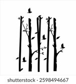 vector silhouette featuring tall tree trunks with branches and several small leaves growing between them. Around him, there were several birds flying