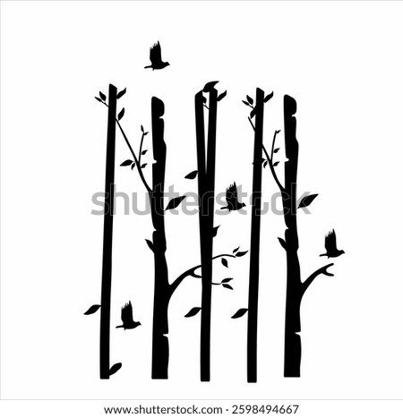 vector silhouette featuring tall tree trunks with branches and several small leaves growing between them. Around him, there were several birds flying