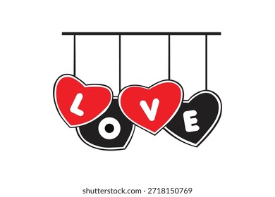Una silueta de Vector con tres corazones colgantes, cada uno con las letras 'L', 'O' y 'V' o 'E' respectivamente, formando la palabra 'AMOR'. Los corazones son rojos con un contorno negro, y las letras son blancas.