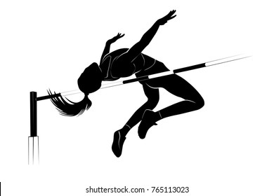 Vector Silhouette Female Athlete Jumping Over The Bar. High Jump Athletic Competition Background