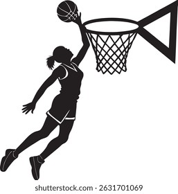 vector silhouette of a female basketball player slam dunk, scoring the ball to the net on white background
