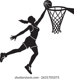vector silhouette of a female basketball player slam dunk, on a white background