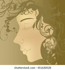 vector silhouette, female face. Elegant greeting card design with illustration of young girl