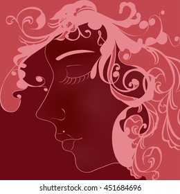 vector silhouette, female face. Elegant greeting card design with illustration of young girl

