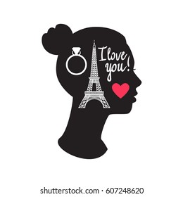 Vector silhouette of a female face. Side view of the head. Black form with a hairdo. Concept Dream Engagement, Wedding, Ring, Paris, Eiffel Tower, Romance.