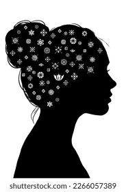 Vector silhouette of a female head with flowers. Mental health