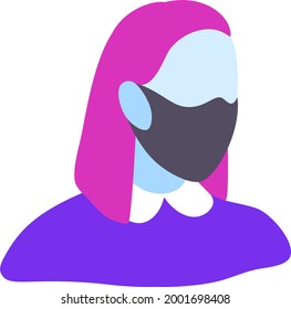 Vector silhouette of a female head full face and profile avatar colored avatar, pink hair, isolated on white background. Masked avatar.