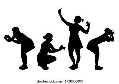 Vector silhouette of female photographer making a photo during vacation in different position.