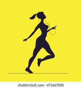 Vector silhouette of female sprinter. Morning running. Girl with a player running