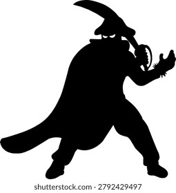 vector silhouette of a ferocious pirate warrior in a cloaked outfit.a corsair character with glowing eyes, holding a cutlass sword in a powerful combat stance, expressing dominance and danger.