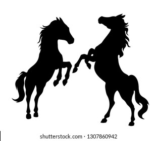 Vector silhouette of fighting rearing wild horses