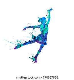 Vector silhouette of figure skating girl. Watercolor splash pain