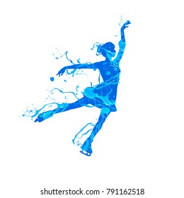 Vector silhouette of figure skating girl. Blue splash pain